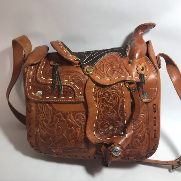 Vintage Rare Tan Stamped Hand Tooled Embossed Leather Saddle Top Shoulder Bag - Picture 5 of 16